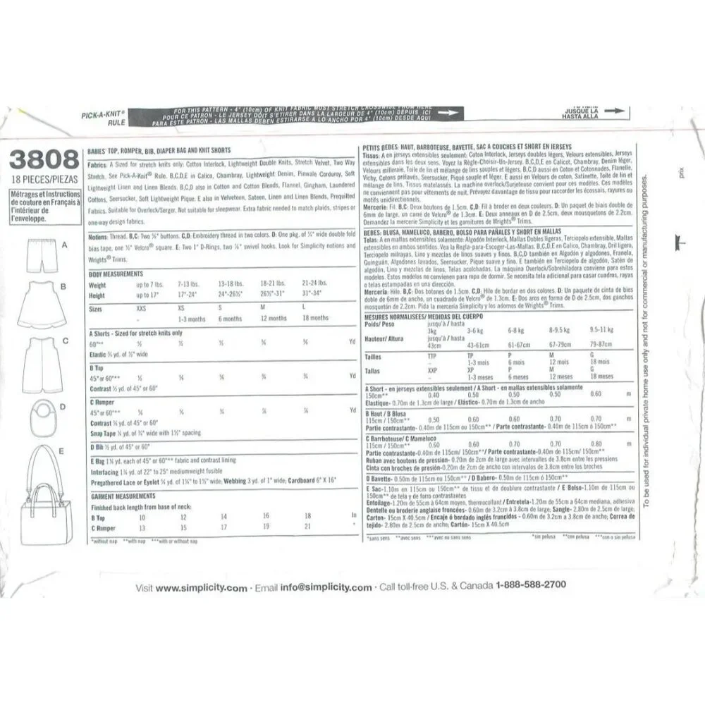 Simplicity Sewing Pattern 3808 Babies Top Romper Bib Diaper Bag Shorts XXS-L‎